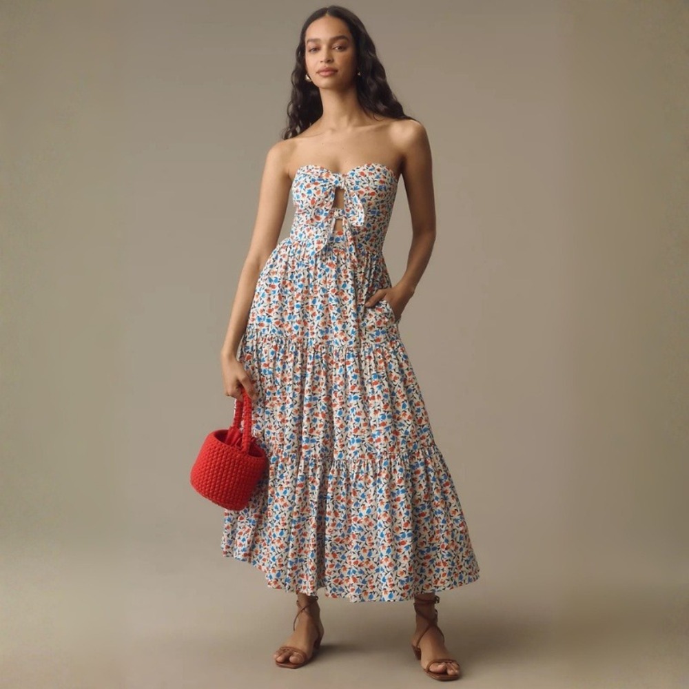 Anthropologie Atsu Floral Strapless Tiered Maxi Dress Blue Orange White Size M